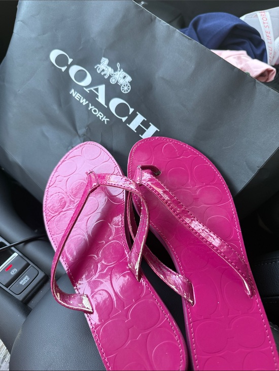 Coach Shoes - Coach Bright Pink Patent Signature Flip Flops